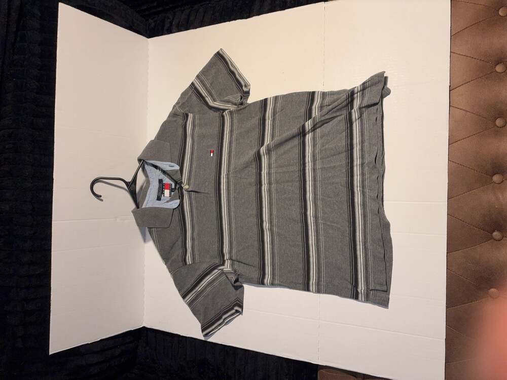 Tommy Hilfiger Men's Striped Polo Shirt Gray Size Large